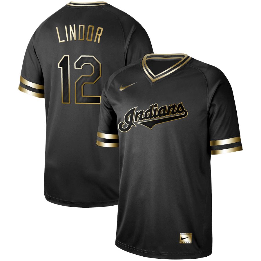 Men Cleveland Indians #12 Lindor Nike Black Gold MLB Jerseys->houston astros->MLB Jersey